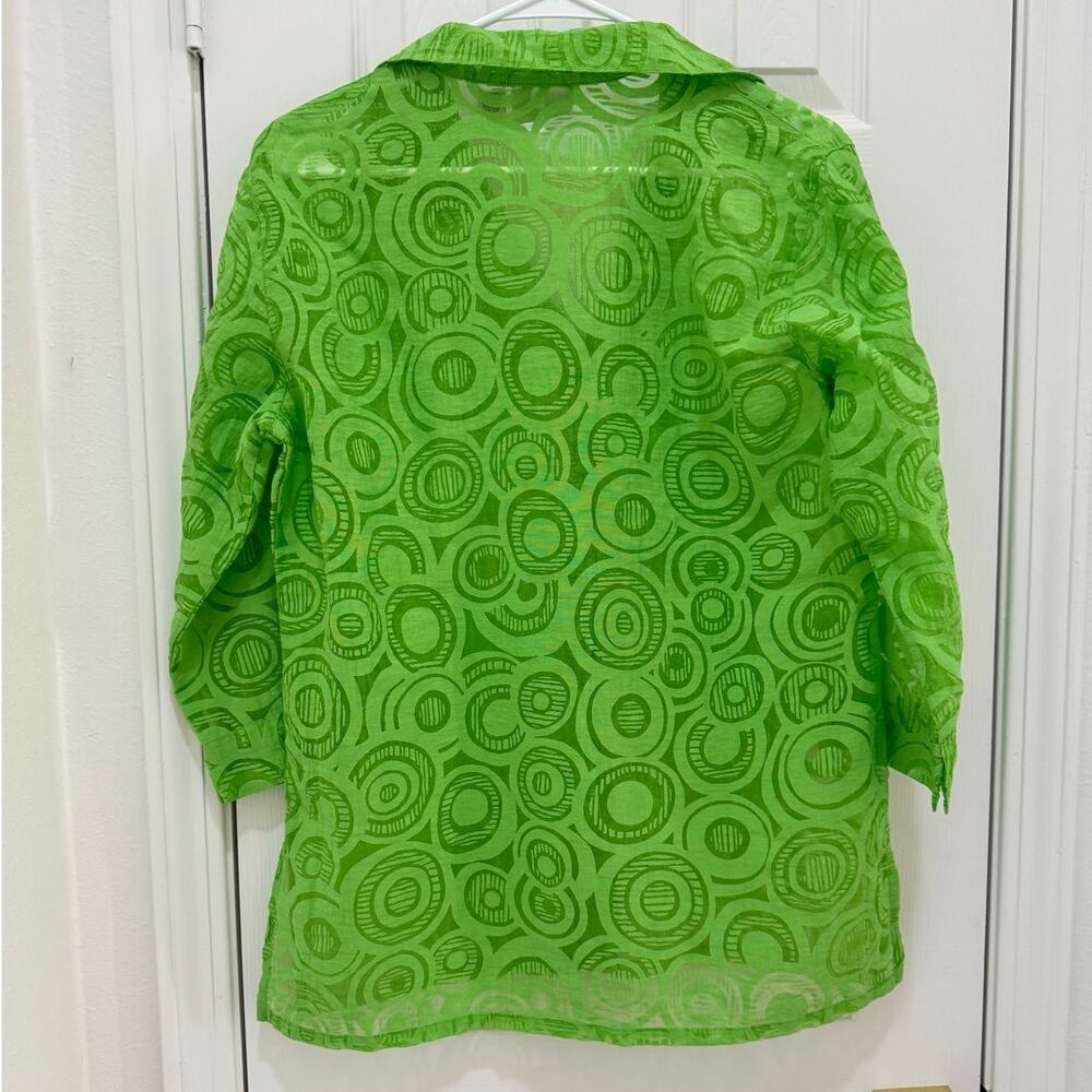 Vintage 90's Chico's Design Green Sheer 3/4 Sleeve Button Down Blouse Medium - Picture 3 of 12